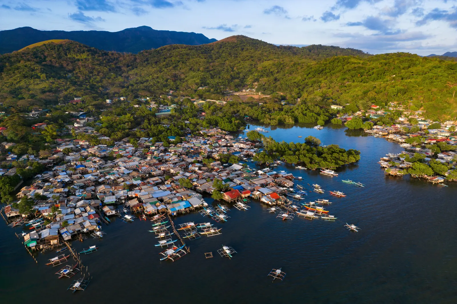 boats parked in a body of water next to a green hill