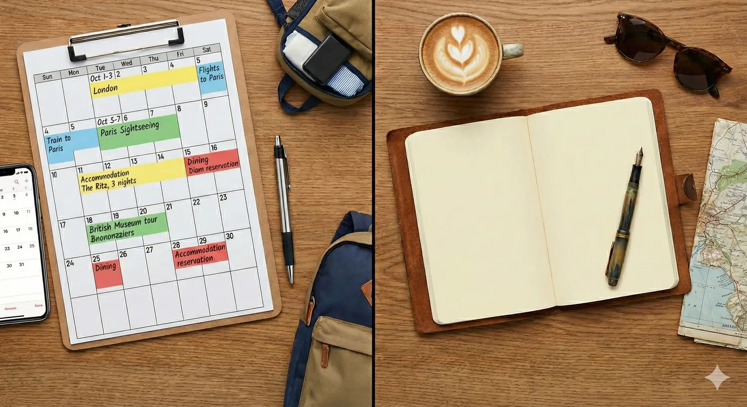 A color-coded trip calendar on a clipboard next to a blank paper travel journal