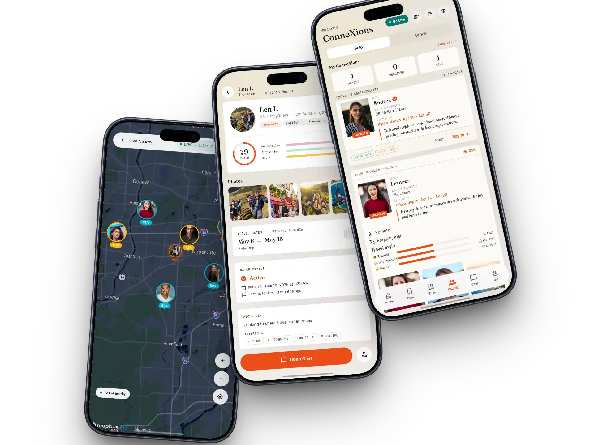 Sorom app screens showing ConneXions matches, a traveler profile with compatibility score, and the Live Nearby map