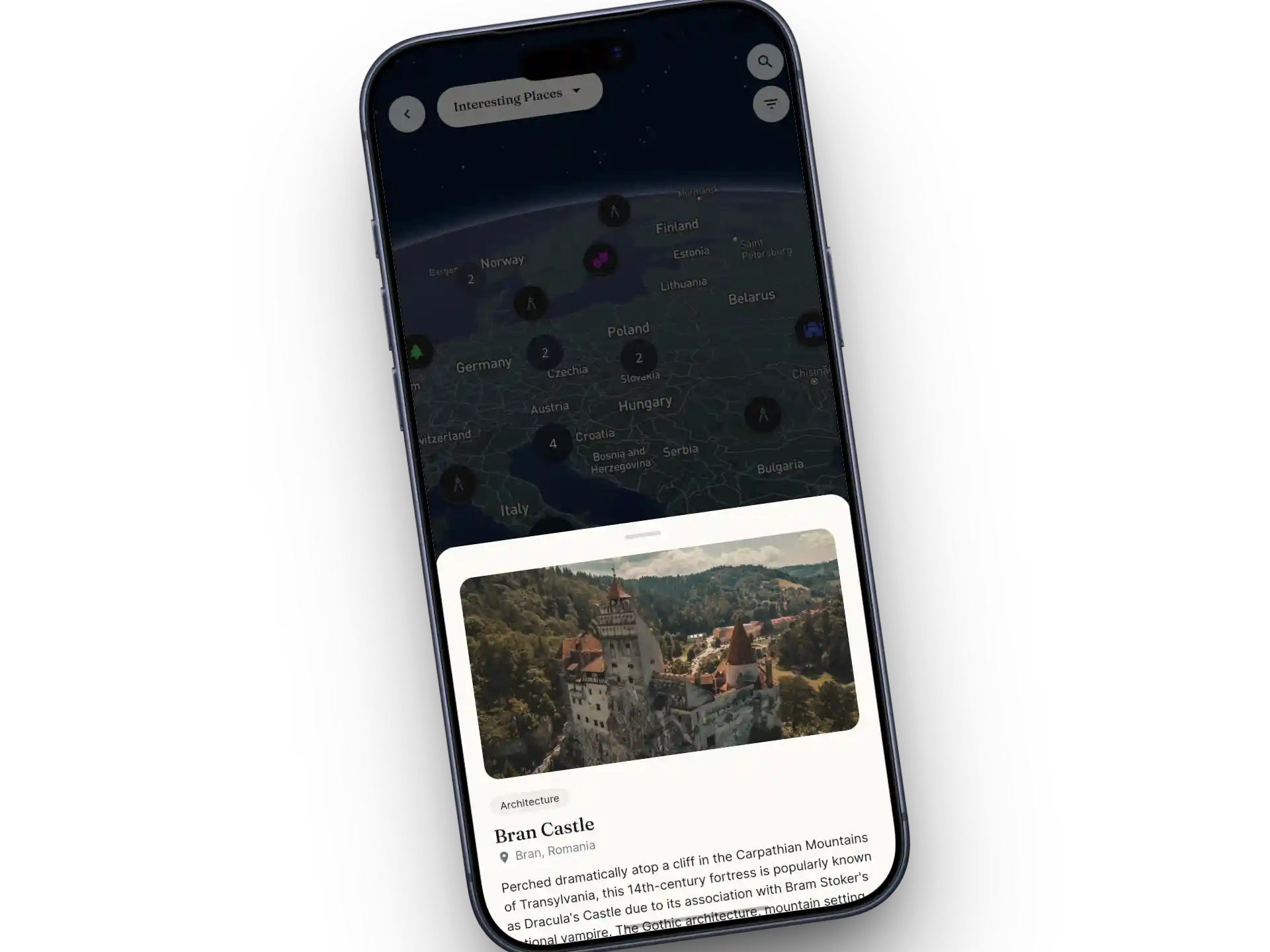 Sorom app screen showing the Interesting Places map, with hidden gems near you pinned by fellow travelers